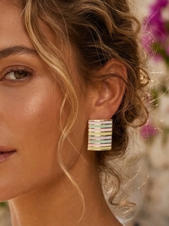 SC JEWELRY Jewelry - 14K Gold Plated Pastel Stripe Rectangular Earrings | Lightweight Jewelry